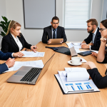 **

A conference room during a tabletop exercise. Business professionals are gathered around a large table, reviewing documents and discussing a hypothetical crisis scenario. The atmosphere is serious and focused, with laptops and coffee cups scattered around the table. Focus on collaboration and problem-solving.

**