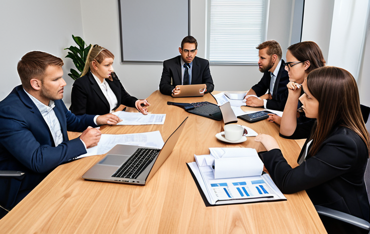 **
A conference room during a tabletop exercise. Business professionals are gathered around a large table, reviewing documents and discussing a hypothetical crisis scenario. The atmosphere is serious and focused, with laptops and coffee cups scattered around the table. Focus on collaboration and problem-solving.
**