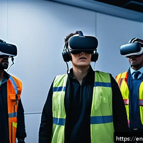 Home 27 위기 관리 훈련의 미래 전망 - A high-tech virtual reality crisis management training scene inside a modern simulation room, showin...